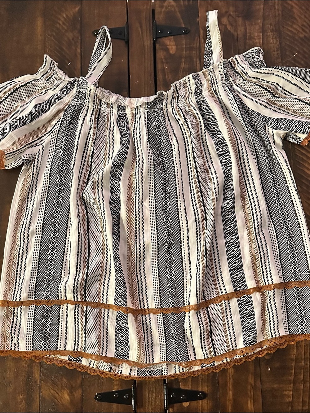 Off-Shoulder Striped Women’s Myra Top with Lace Trim - White/Black/Brown